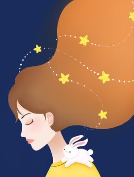 手繪卡通女孩星愿兔子