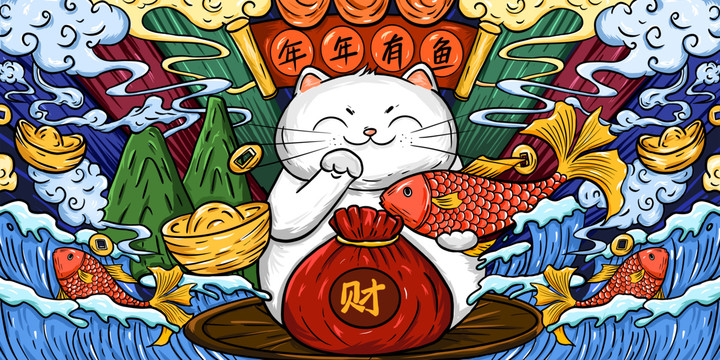 招財(cái)貓國潮包裝手機(jī)殼插畫海報(bào)