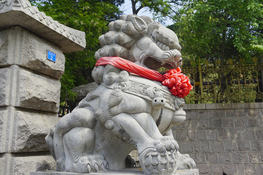 青岛湛山寺石狮雕塑特写