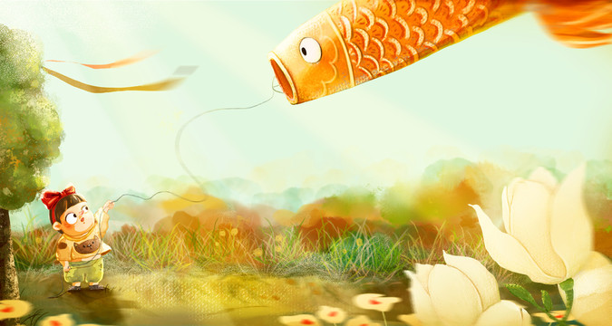 小女孩在草地放魚風(fēng)箏