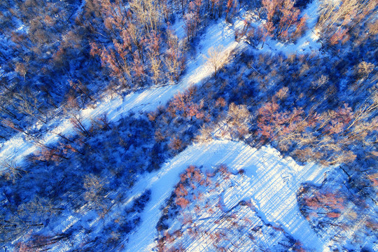 航拍雪原冰河红柳雾凇