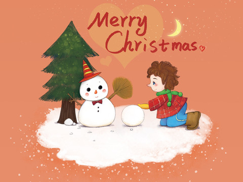 圣诞节贺卡堆雪人绘本风格插画