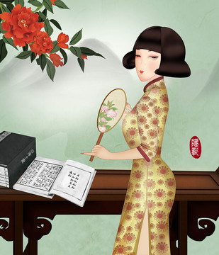 旗袍民國(guó)美人拿扇古風(fēng)美人古書(shū)