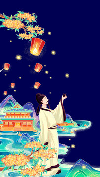 中秋節(jié)李白飲酒插畫