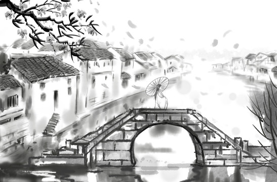古風水墨江南插畫