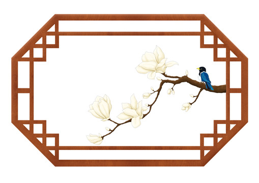 中國風(fēng)古典木質(zhì)多邊形窗戶花卉鳥