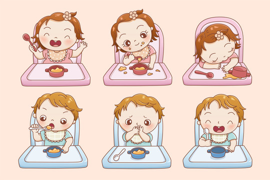 線條風吃副食品的嬰兒