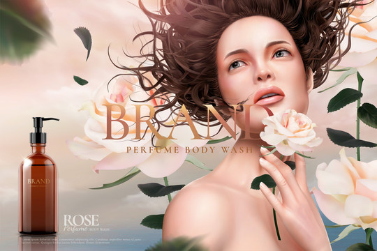 玫瑰香氛沐浴露广告与手拿花朵的优雅模特