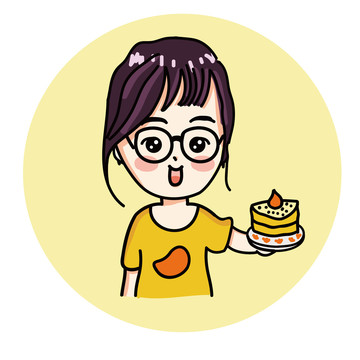 拿芒果蛋糕慶祝戴眼鏡Q版女孩