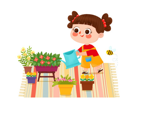 小女孩澆花插畫
