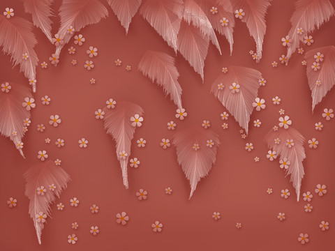 现代浪漫羽毛花朵壁画分层