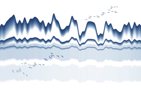新中式意境山水抽象线条小鸟