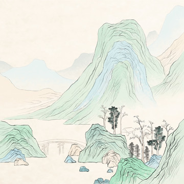 青绿小桥远山风景画