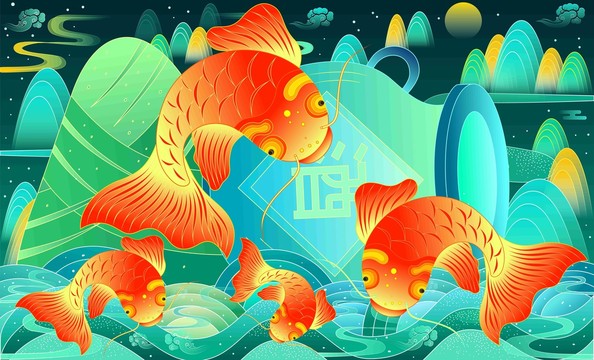 國(guó)潮端午錦鯉出游插畫