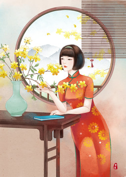 手繪迎春花與旗袍少女