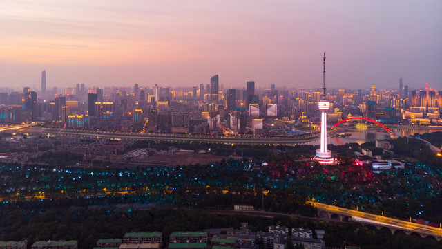 湖北武汉城市航拍傍晚和夜景风光