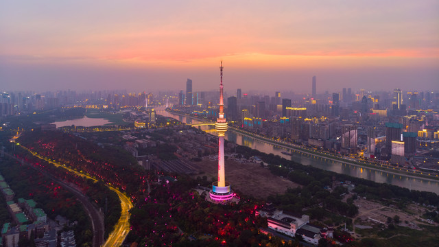 湖北武汉城市航拍傍晚和夜景风光