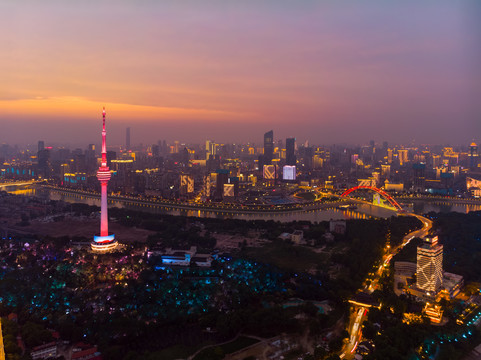 湖北武汉城市航拍傍晚和夜景风光