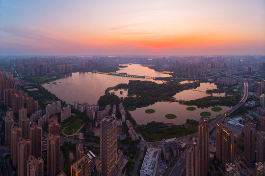 湖北武汉城市航拍傍晚和夜景风光