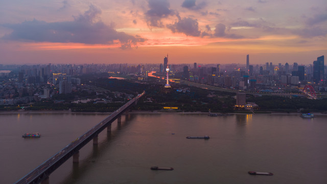 湖北武汉城市航拍傍晚和夜景风光