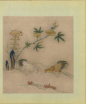 顧氏繡黃筌花鳥冊秋葵雙雞圖