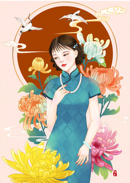 菊花与旗袍美人插画