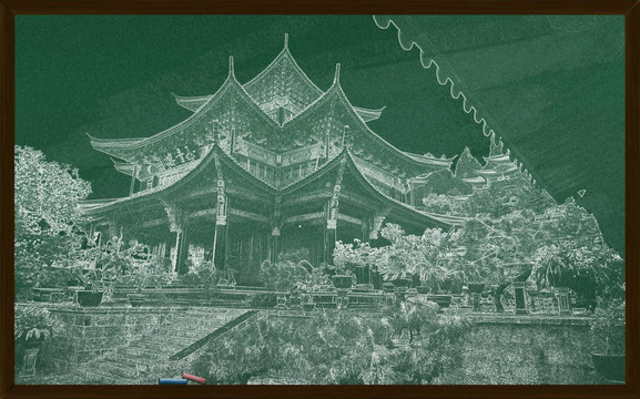 古建筑粉筆畫