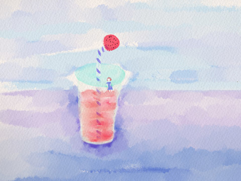 水彩飲料草莓女孩夏季