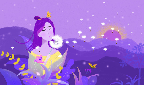 美女在夕陽下吹蒲公英