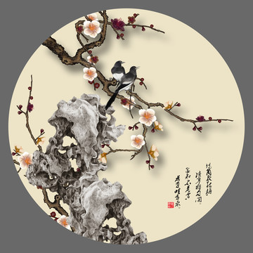 梅花花鳥圓鏡鏡心圓形花鳥國畫