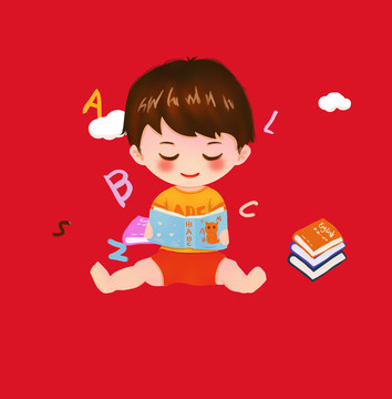 手繪插畫孩子看書