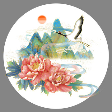 手繪國潮牡丹山水仙鶴