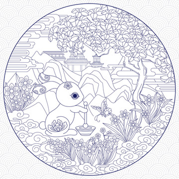 玉兔搗藥矢量單線