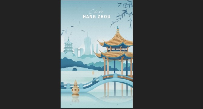 城市装饰画杭州地标建筑海报插画