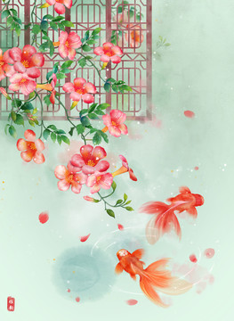 凌霄花古風(fēng)插畫
