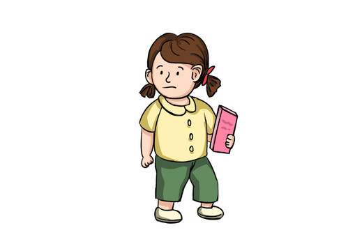 手繪卡通人物拿著書(shū)的小女孩素材