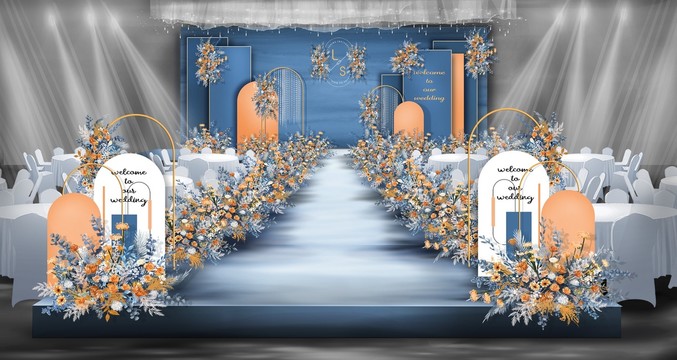 蓝橙色撞色婚礼舞台设计