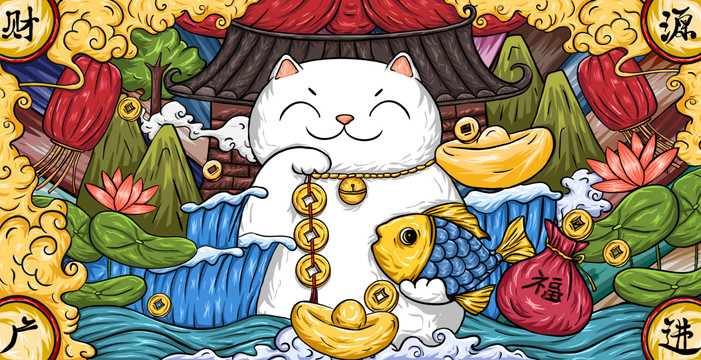 國潮招財貓財源廣進插畫包裝
