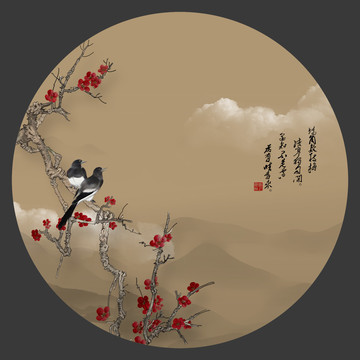 梅花花鳥圓鏡鏡心圓形花鳥國畫