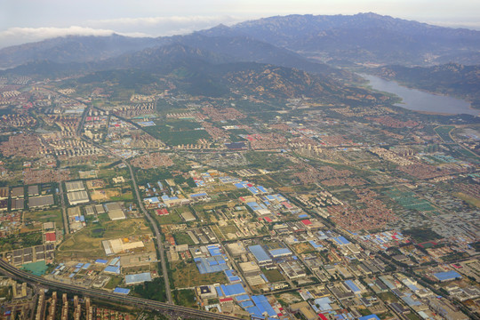 航拍青岛崂山区自然和城市风光