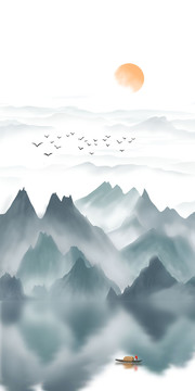 新中式抽象水墨山水玄關(guān)背景墻