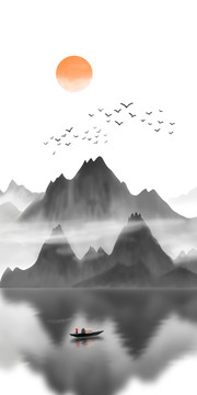 新中式抽象水墨山水玄關(guān)背景墻