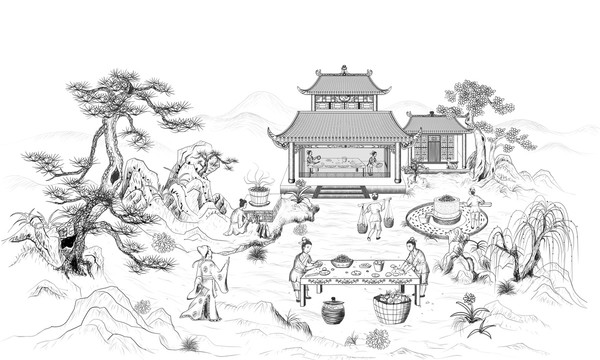 古代傳統(tǒng)手工作坊線描插畫