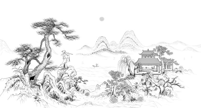 吹笛人中國(guó)風(fēng)線描插畫