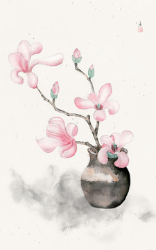 原創(chuàng)插花玉蘭花裝飾畫水彩玉蘭花