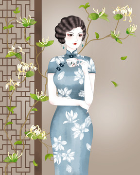 金銀花旗袍美人