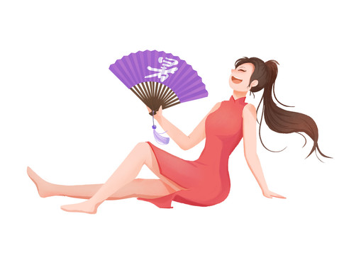 原創(chuàng)手繪人物卡通旗袍女孩插畫