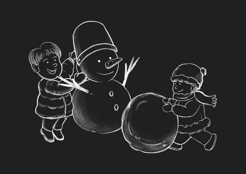 原创手绘黑板风男孩堆雪人滚雪球
