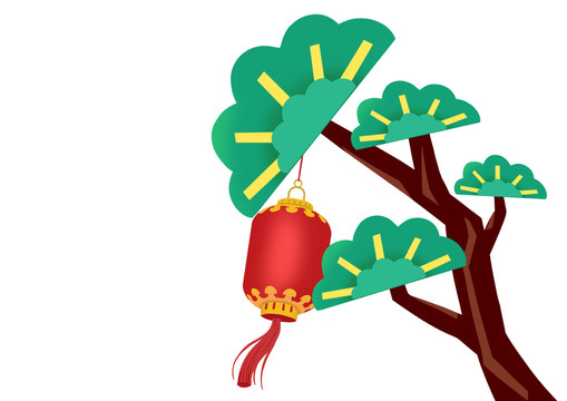 原创手绘插画中国风素材松树灯笼