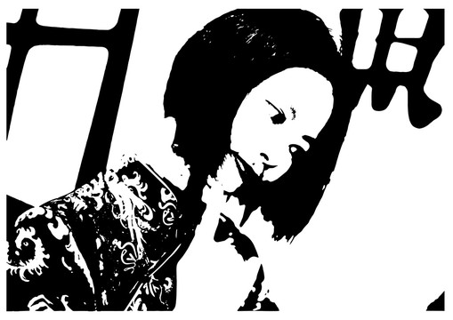 旗袍美女剪影插畫版畫黑白插畫